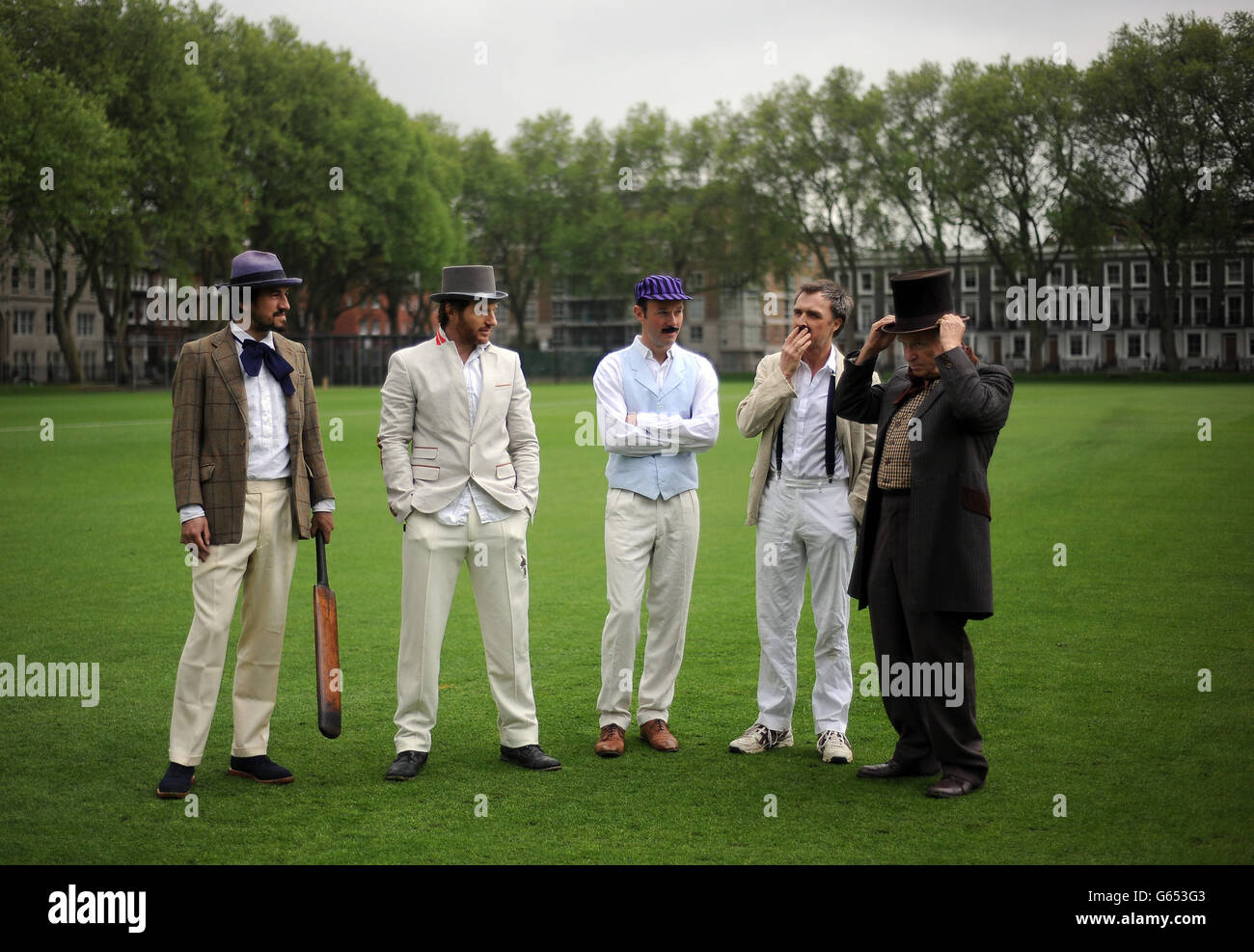 From left to right: Charlie Campbell, Nicholas Hogg, Alex Preston, William Fiennes and Jeffrey Archer are seen dressed in Victorian costume during the Wisden Victorian Cricket Match at Vincent Square, London. Stock Photo