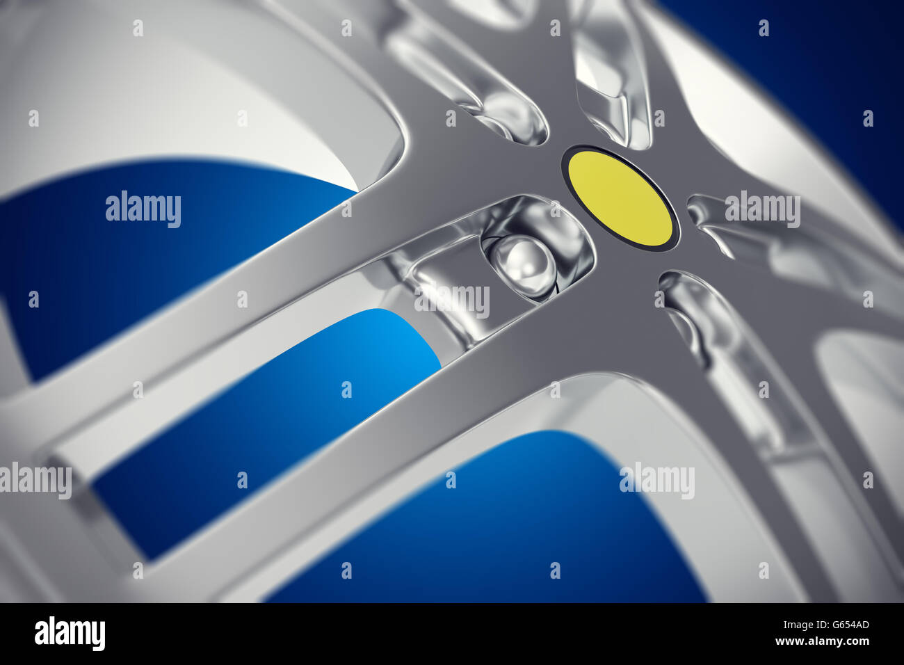 Car rim close-up view with depth of field effect on blue background. 3d illustration Stock Photo