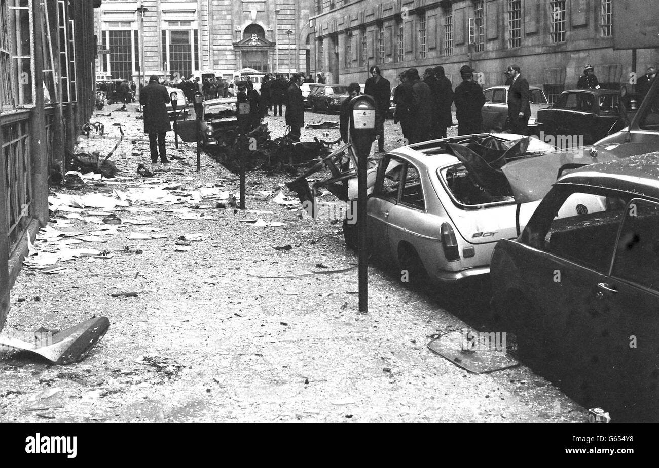 Wreckage and debris from a car bomb. The car, which was parked at the