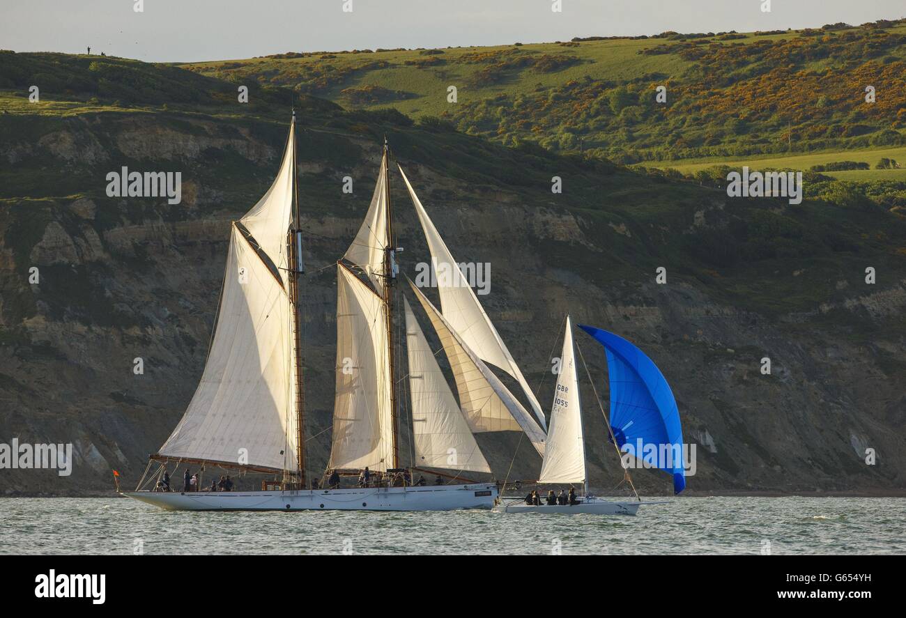 Coral, a two-masted gaff from 1902, competes in the JP Morgan Asset Management Round the Island Race, off Cowes, Isle of Wight. Stock Photo