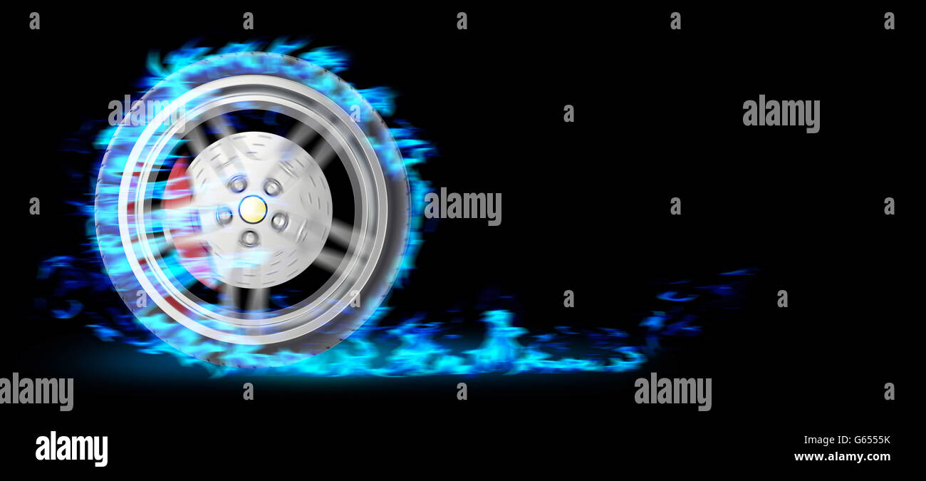Blue Burning wheel on black bacgkround. 3d illustration Stock Photo