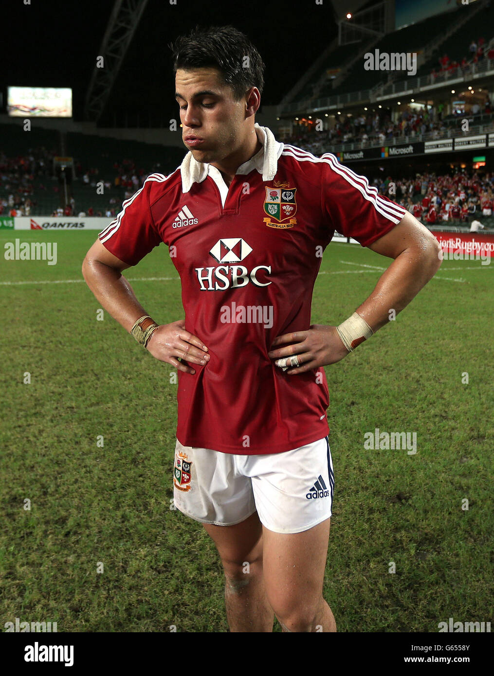 British and Irish Lions Sean Maitland is bathed in sweat after the final whistle in the Tour Match at the Hong Kong Stadium, Hong Kong. Stock Photo