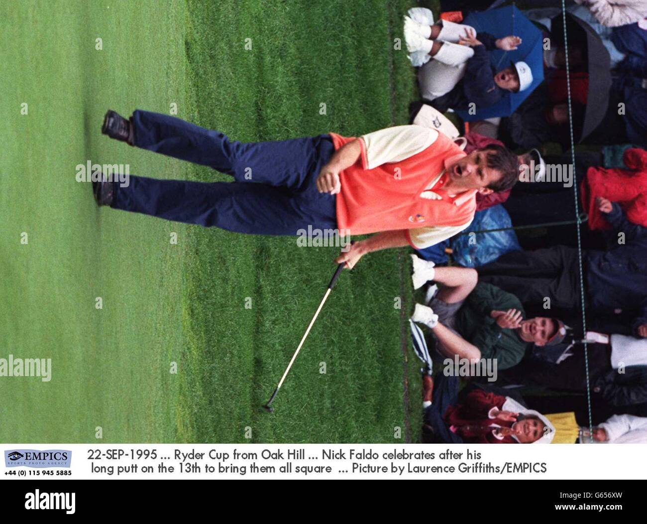 22-SEP-1995 ... Ryder Cup from Oak Hill ... Nick Faldo celebrates after his long putt on the 13th to bring them all square ... Picture by Laurence Griffiths/EMPICS Stock Photo
