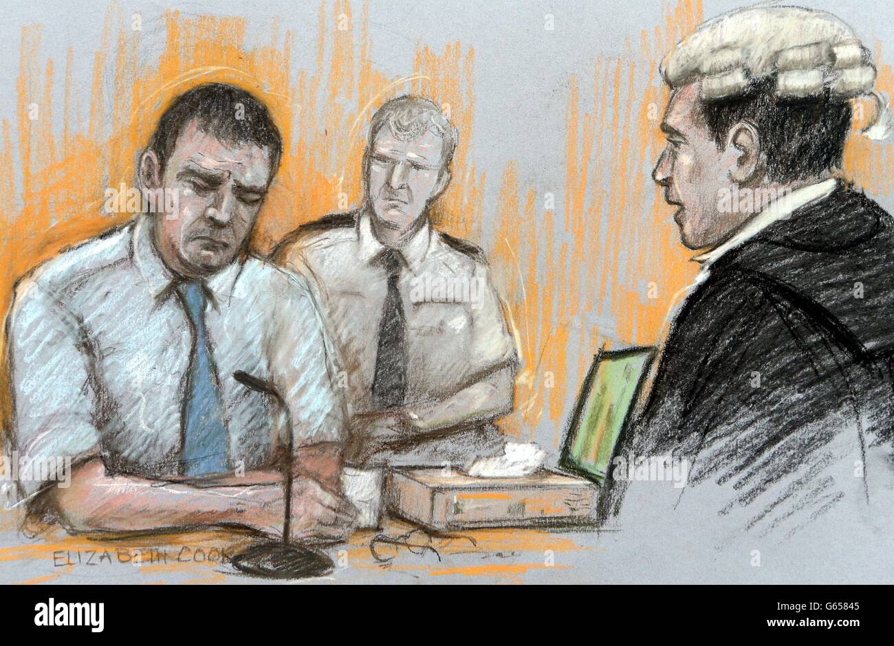 Courts artist impression by Elizabeth Cook of Mark Bridger, 47, of Ceinws, mid-Wales and Defence QC Brendan Kelly during his testimony at Mold Crown Court, where the former slaughterhouse worker is accused of abducting and murdering schoolgirl April Jones in a "sexually motivated" attack. Stock Photo