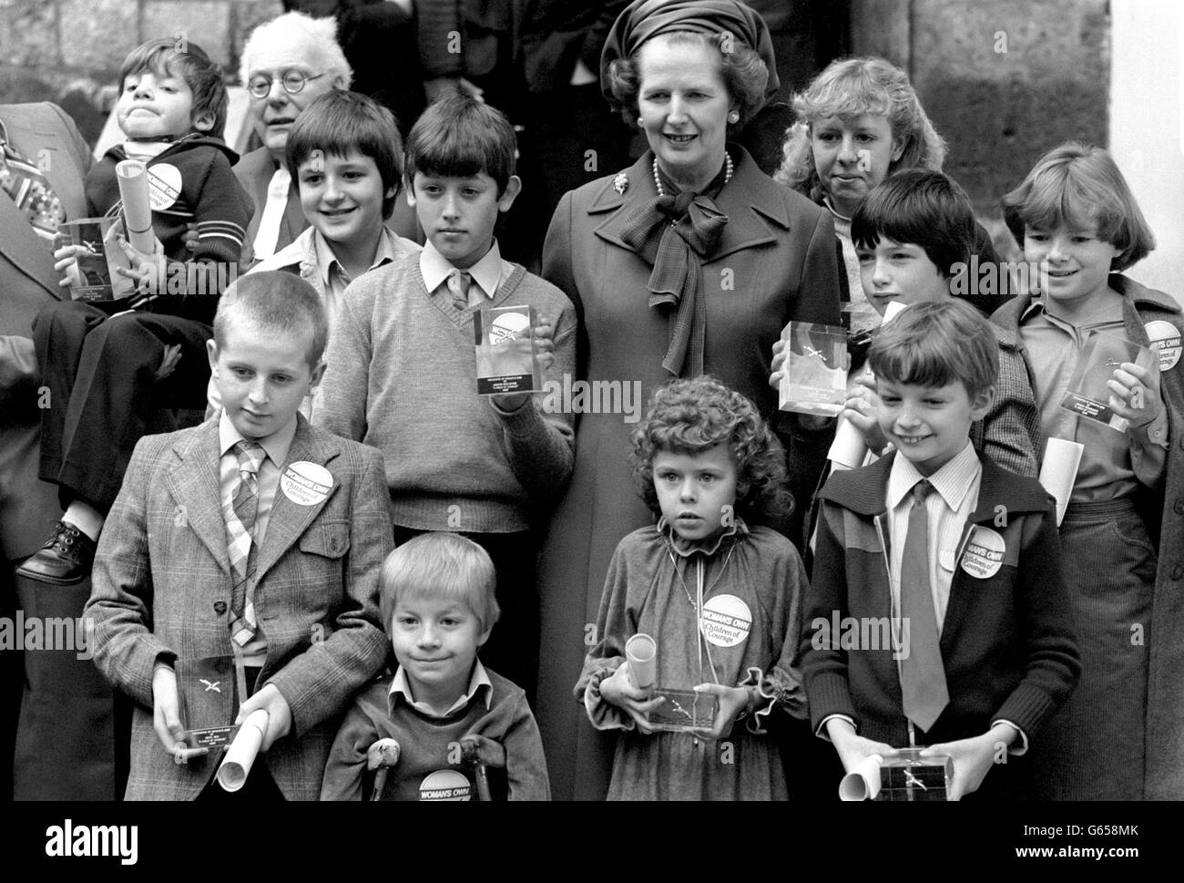 Recipients of the Woman's Own Children of Courage Awards with their trophies and Margaret Thatcher, who presented them at Westminster Abbey. Lee Pearson (at the front with blonde hair). Stock Photo