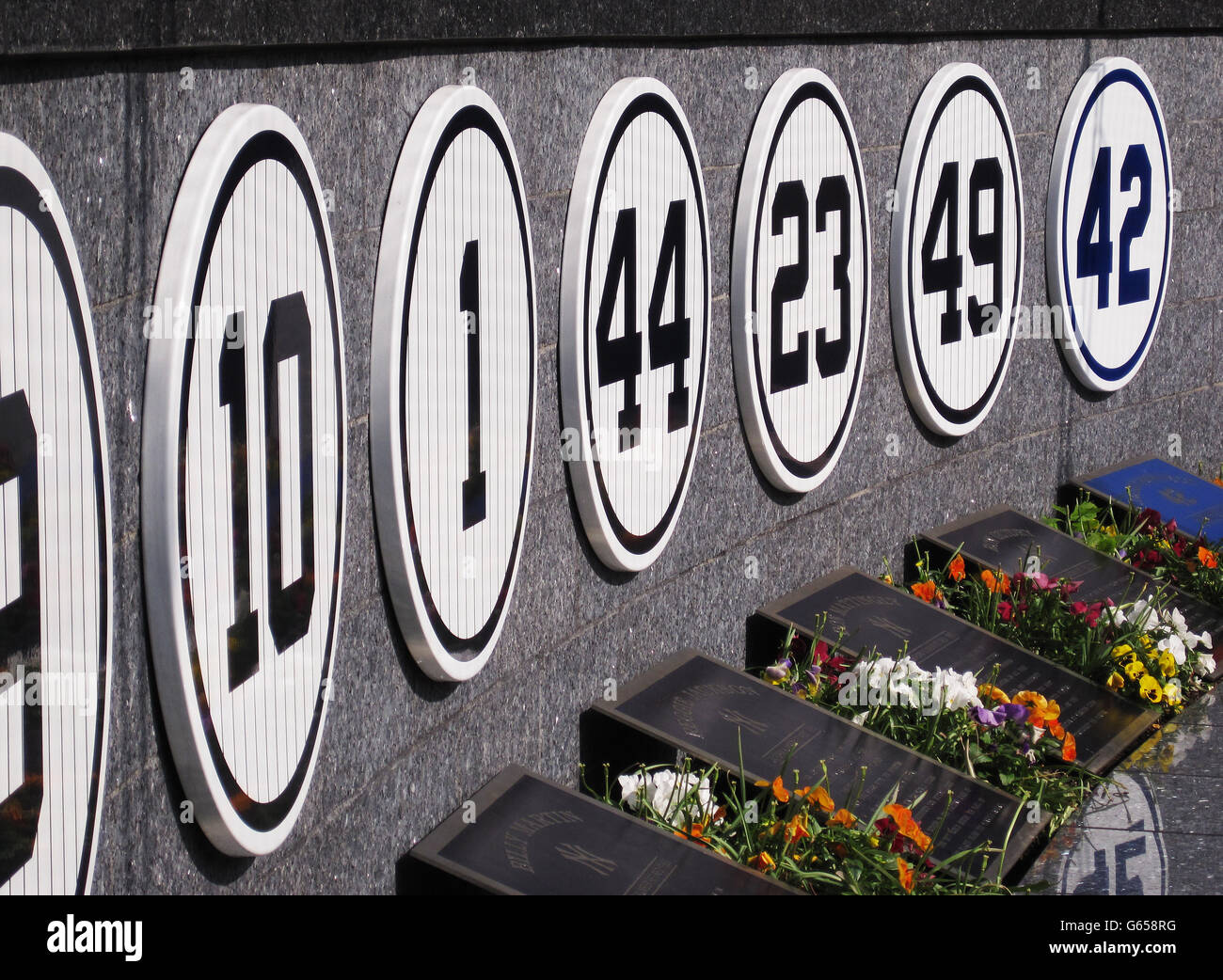 A general view of monuments, plaques and retired numbers at Monument Park at the Yankee Stadium in New York, USA. PRESS ASSOCIATION Photo. Picture date: Monday May 20, 2013. Photo credit should read: Andy Hampson/PA Wire. Stock Photo