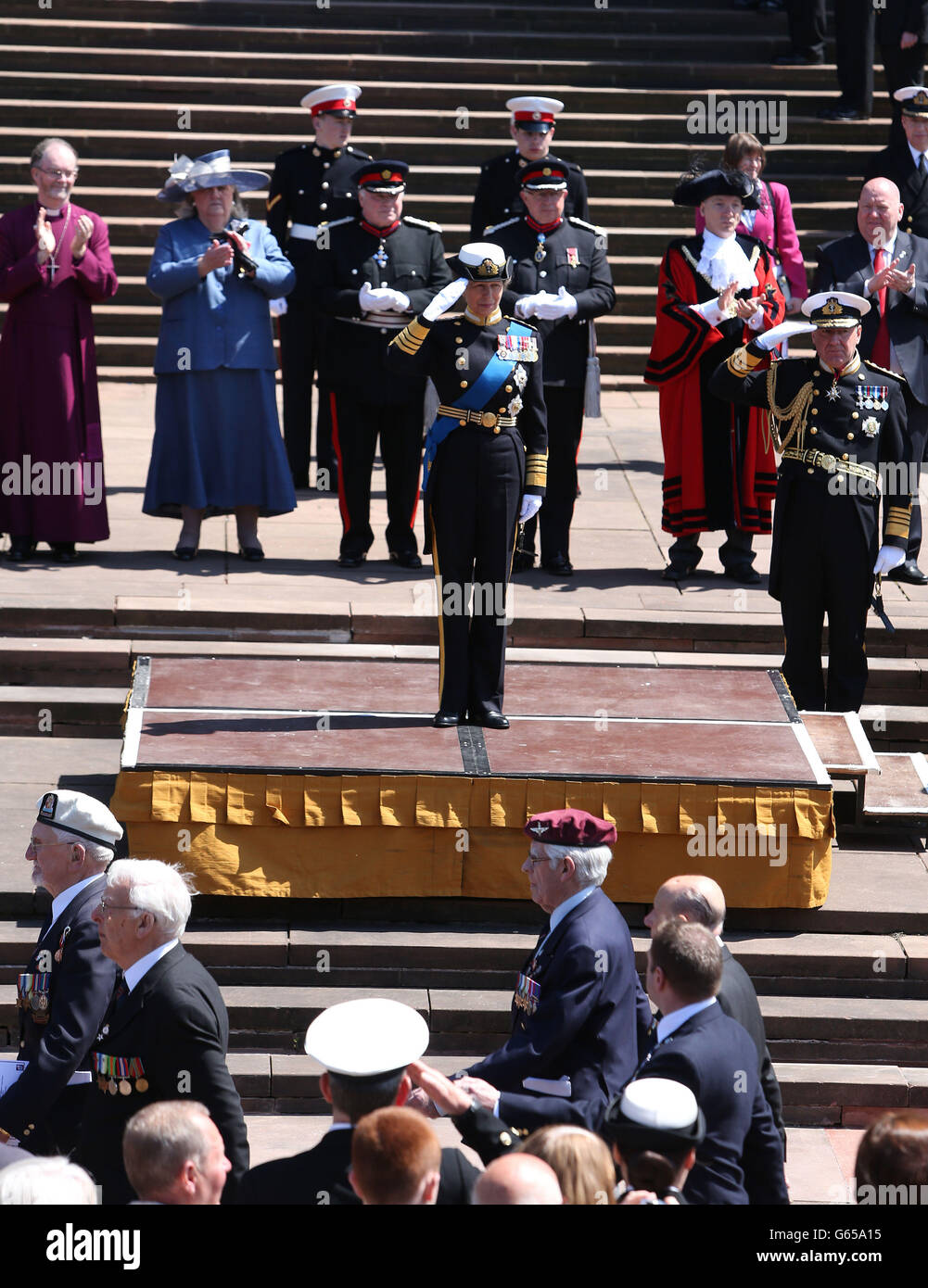 The Princess Royal salutes the parade, after the 70th anniversary of The Battle of the Atlantic service at Liverpool's Anglican Cathedral. Stock Photo