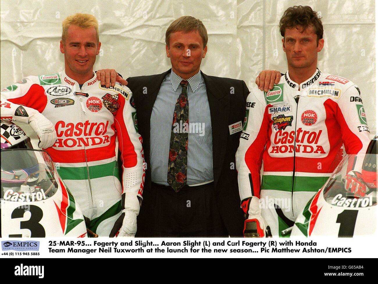MOTOR RACING - Superbikes - Aaron Slight and Carl Fogarty at Honds/Castrol Team Photocall Stock Photo