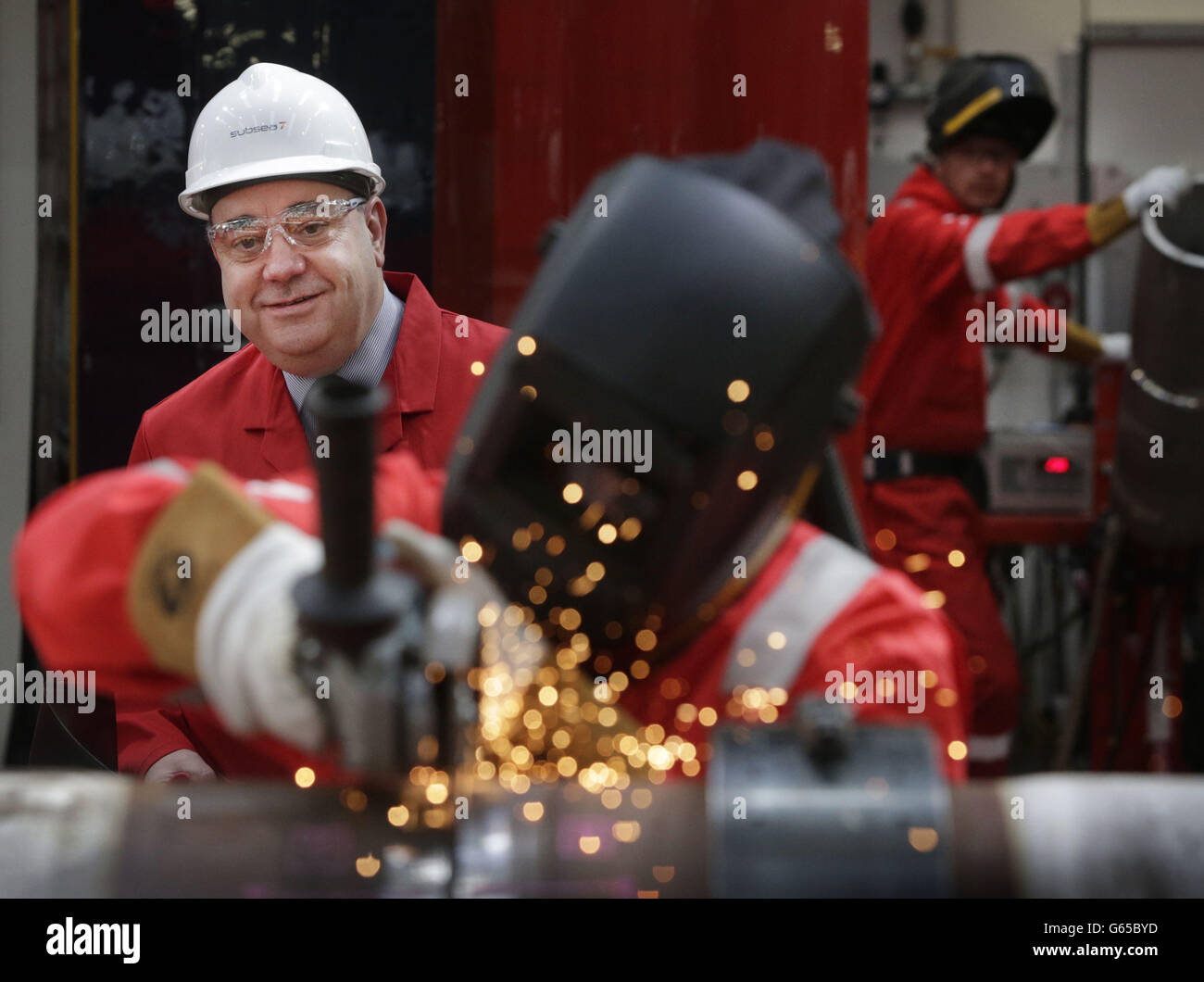 Scotland's First Minister Alex Salmond during a visit to officially open the Global Pipeline Welding Development Centre in Clydebank, Scotland. Stock Photo