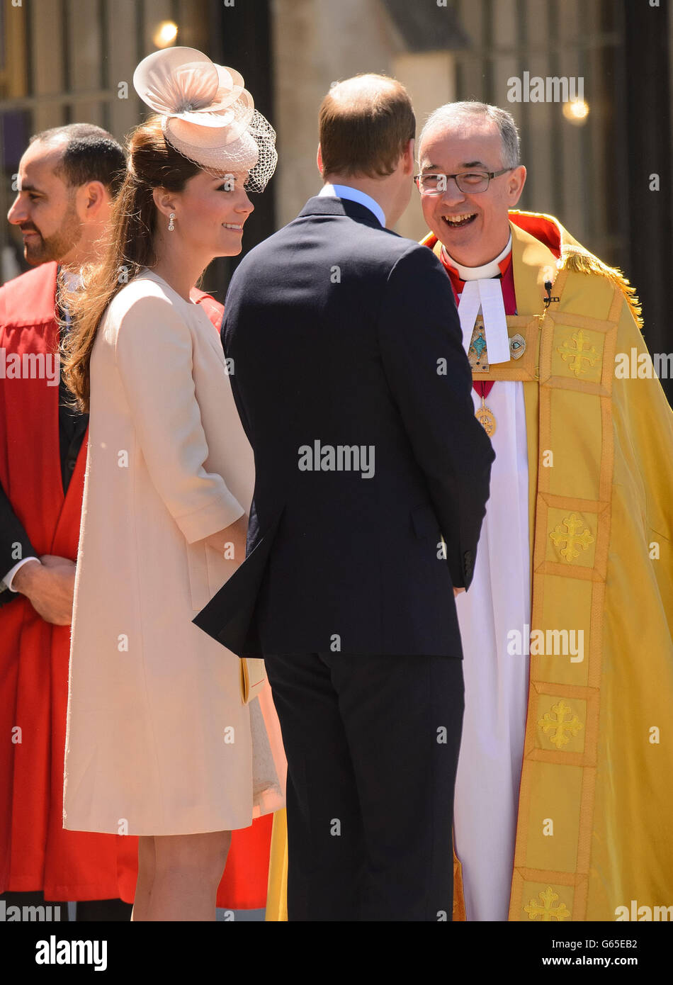 The Duke and Duchess of Cambridge leave Westminster Abbey, in central London, following a service of celebration to mark the 60th anniversary of Queen Elizabeth II's coronation. Stock Photo