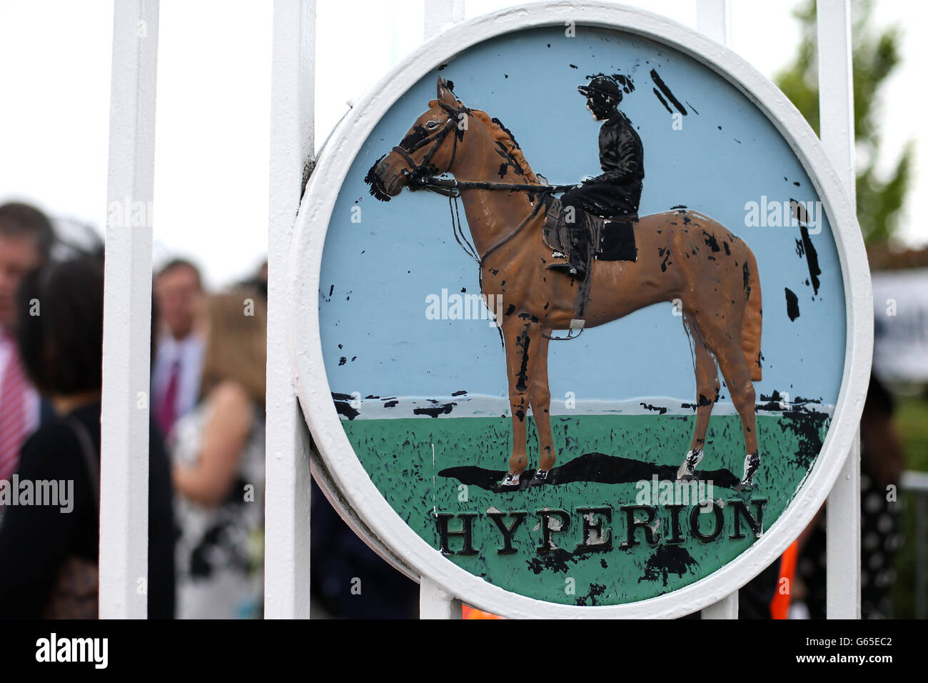 Horse Racing The Investec Ladies Day Epsom Downs Racecourse. A sign for legendary horse