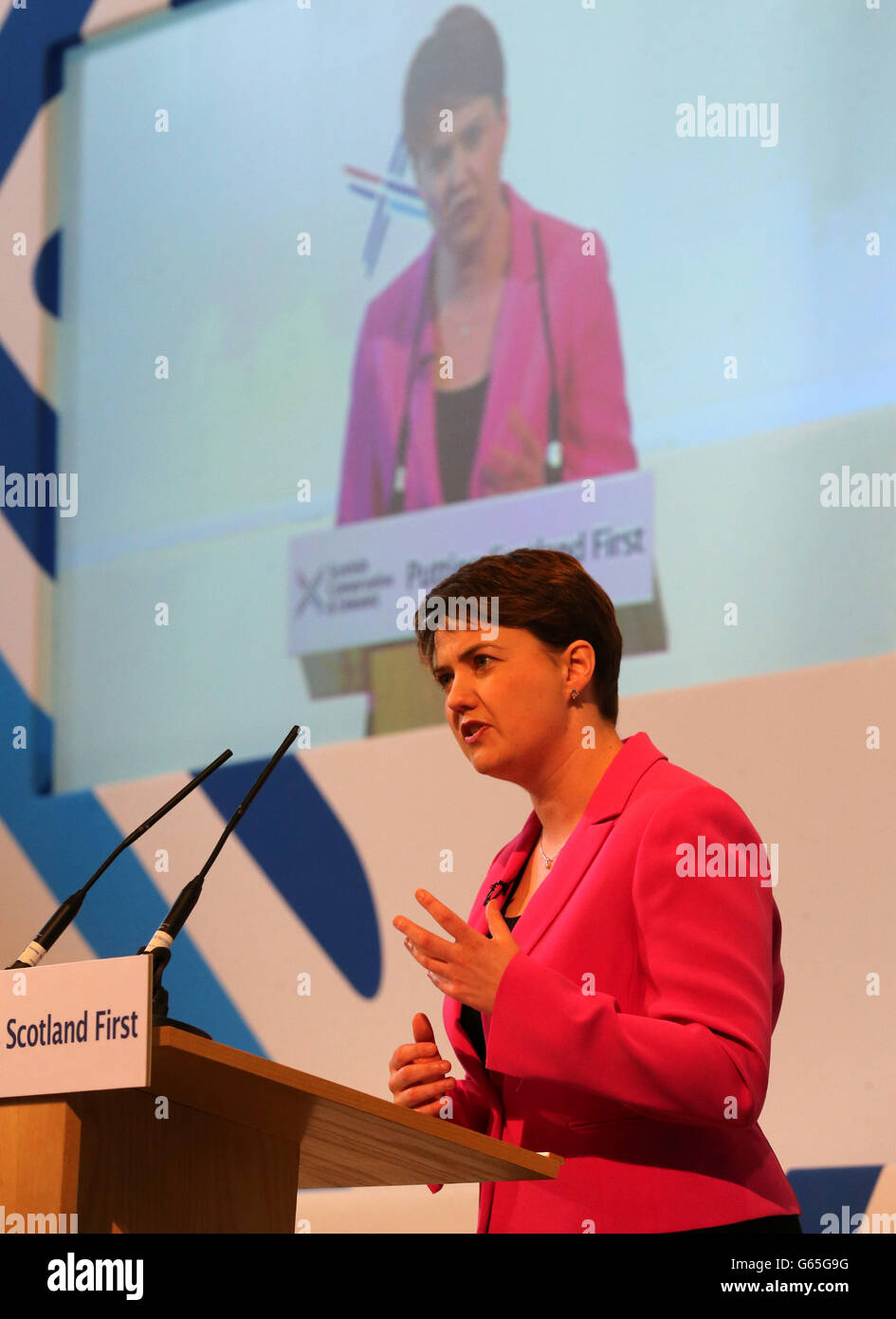 Scottish Consevative leader Ruth Davidson MSP   on stage at the Albert Halls  to make her speech on the second  day  of the Scottish Conservative two day conference held in the city. PRESS ASSOCIATION Photo. Picture date:    Saturday 8th June   ,2013 . Photo credit should read: PA/Andrew Milligan  Wire. Stock Photo