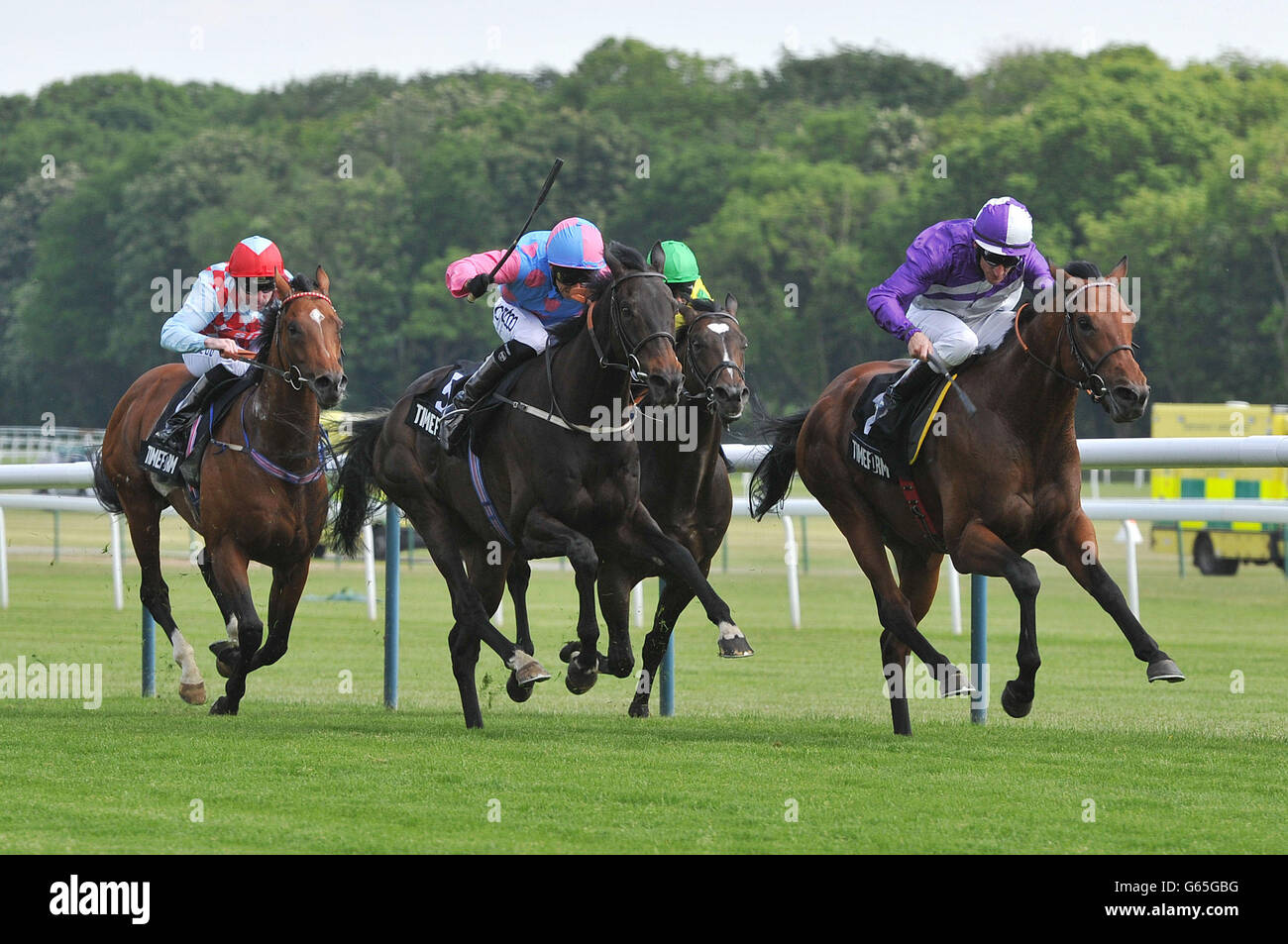 Amarillo ridden by Andrasch Starke (right) beats Pastoral Player ridden by Graham Lee to win the Timeform Jury Stakes (registered as The John of Gaunt Stakes) during Timeform Jury Stakes / Sandy Lane Stakes day at Haydock Park Racecourse, Newton-Le-Willows. Stock Photo