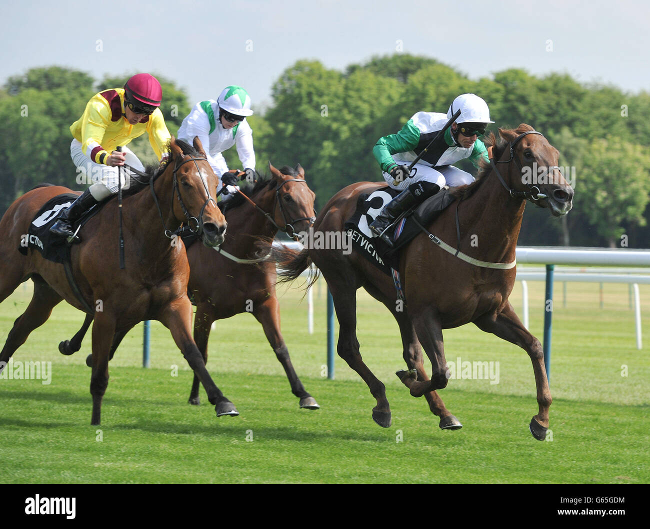 Artistic Jewel ridden by Graham Lee (right) wins the BetVictor.com EBF Cecil Frail Stakes during Timeform Jury Stakes / Sandy Lane Stakes day at Haydock Park Racecourse, Newton-Le-Willows. Stock Photo