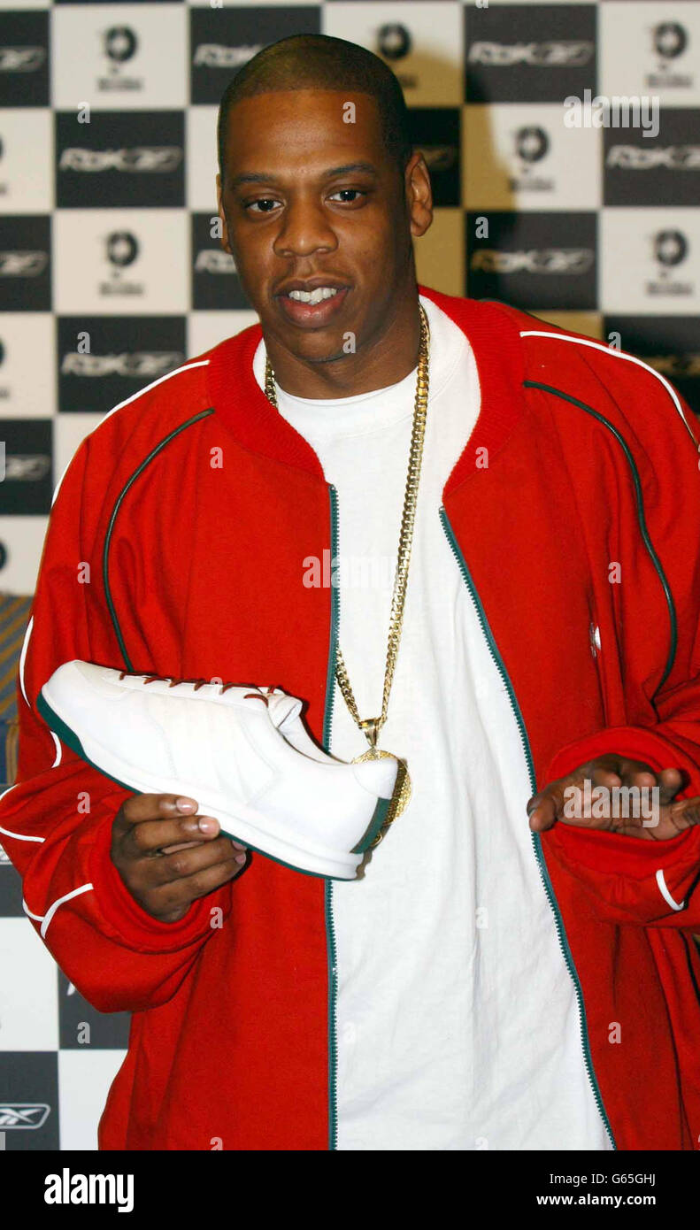 US rapper Jay-zee during a photocall to promote his new' S Carter' Reebok  trainer, Stansted airport Stock Photo - Alamy