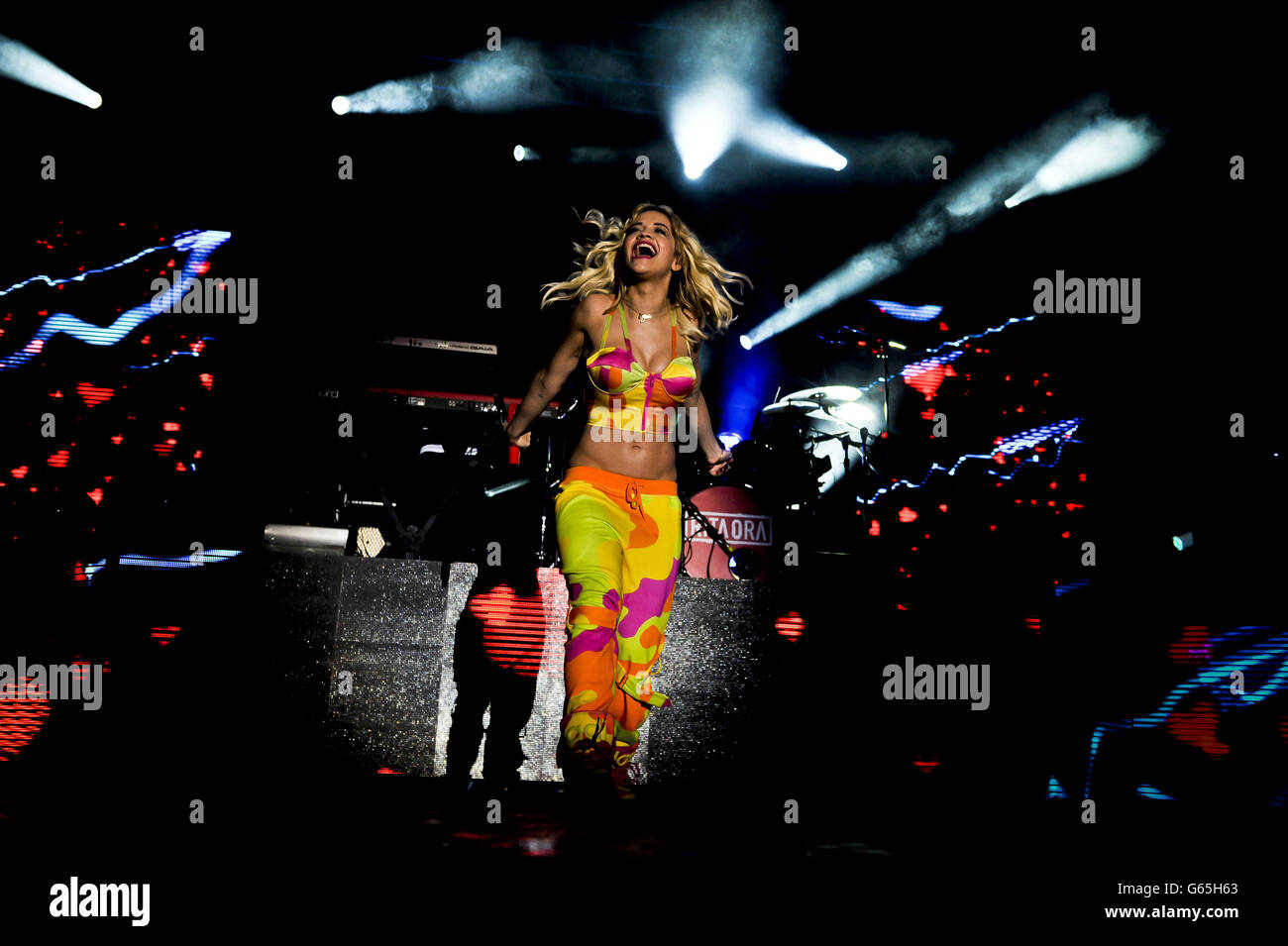 Rita Ora concert - Newbury. Singer Rita Ora performs on stage at Newbury Racecourse. Stock Photo