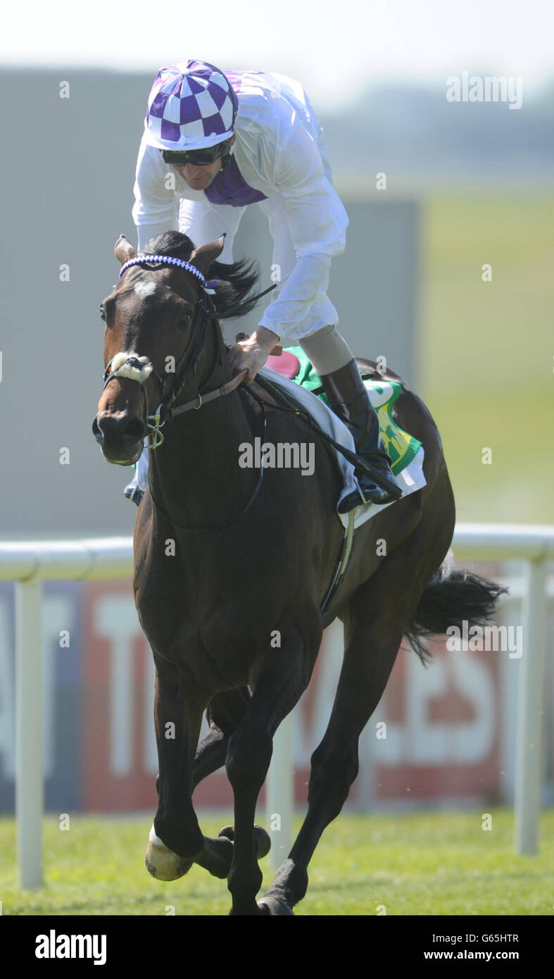 Kevin Manning rides Trading Leather to victory in the TRM Silver Stakes during the TRM Race Day at Curragh Racecourse in Co. Kildare, Ireland. Stock Photo