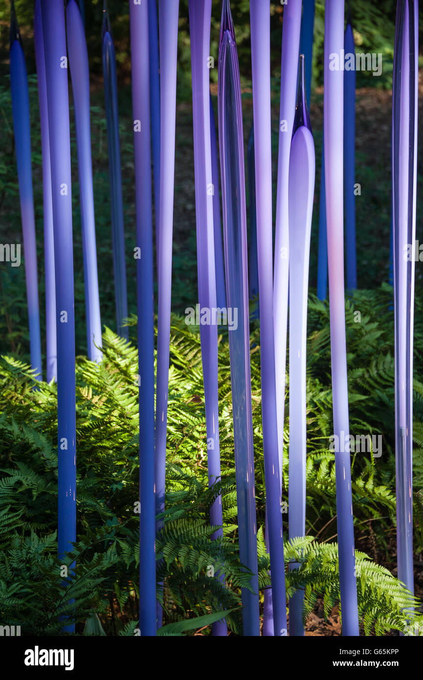 'Neodymium Reeds' colored glass sculpture by Dale Chihuly at Atlanta Botanical Garden's 'Chihuly in the Garden' exhibit. Stock Photo
