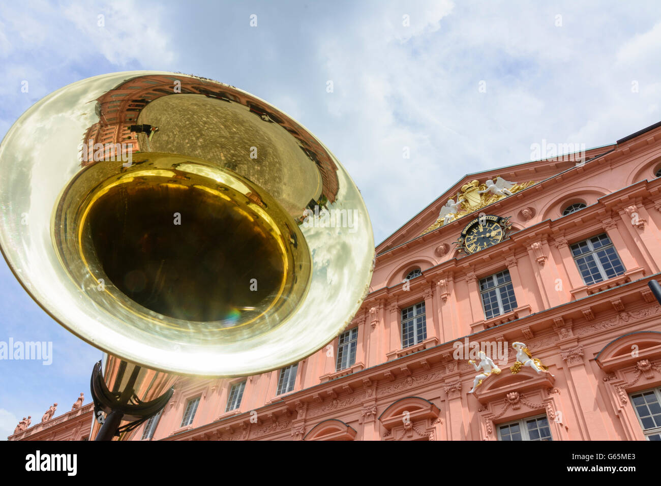 Rastatt Palace and an oversized trumpet as a prop at a party, Rastatt, Germany, Baden-Württemberg, Schwarzwald, Black Forest Stock Photo
