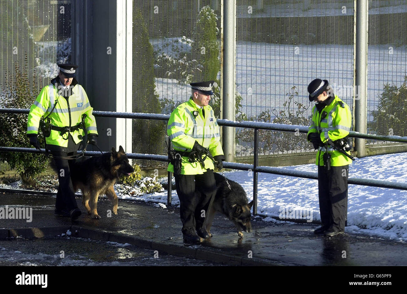 Police patrol outside the perimeter fence of Shotts maximum security prison in Lanarkshire, where a stand-off between inmates and prison officials continues. * Prison officers were dealing with a disturbance at a maximum security jail which had left two staff injured. Part of HM Prison Shotts in Lanarkshire was cordoned off after the officers were caught up in fighting with around 50 prisoners. Stock Photo