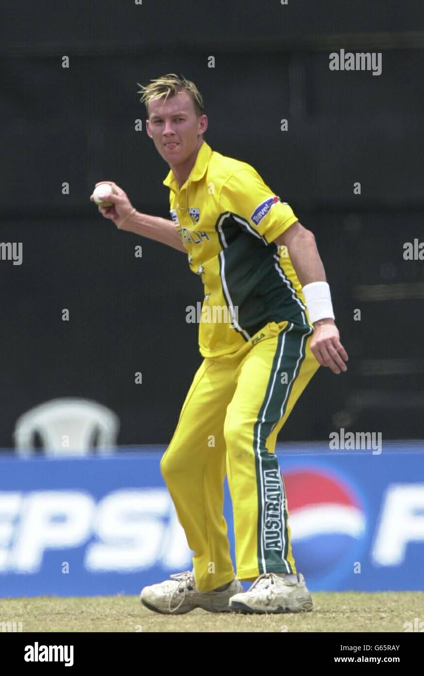 Brett Lee of Australia in action during the ICC Trophy tournament held in Colombo, Sri Lanka 2002. Stock Photo
