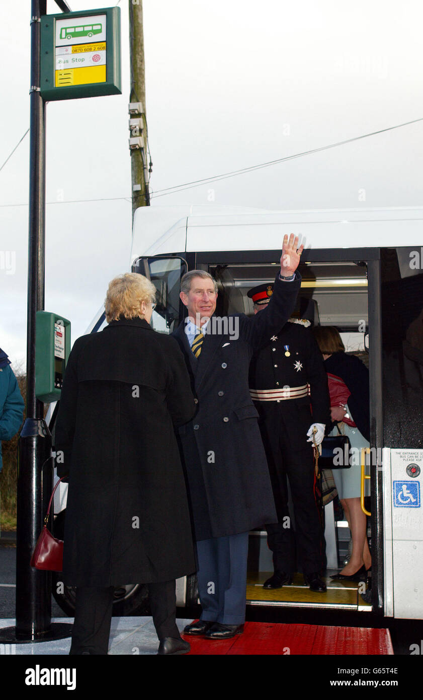 The Prince of Wales waves to wellwishers as he alights after a bus ride from Clitheroe in Lancashire to the village of Chipping on a new rural bus route during a day long visit to the county. * He chatted to passengers on the 29-seater vehicle during the 20-minute journey through picturesque landscape which is said to have been the inspiration for JRR Tolkien's Middle Earth. The Bowland Transit project, which begins operating in April, aims to improve transport services for residents in small rural communities. Stock Photo