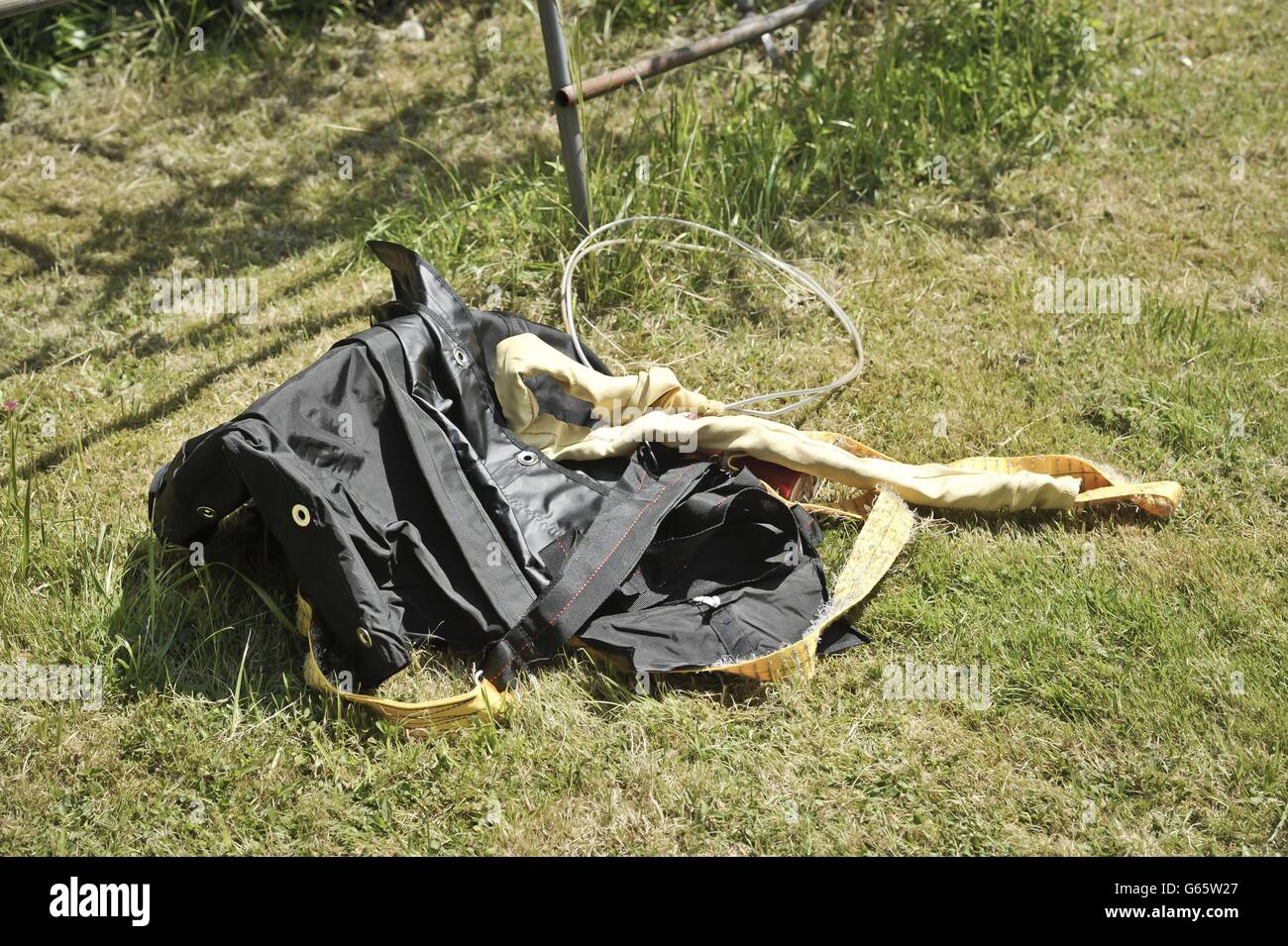 The drogue parachute after a Cirrus single-engine aircraft made a dramatic crash-landing in a back garden in Cheltenham, Gloucestershire. Stock Photo