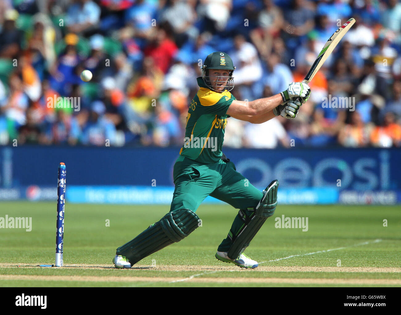 South Africa captain AB De Villiers square cuts against India on opening day of the ICC Champions Trophy. The SWALEC Stadium, Cardiff. Stock Photo