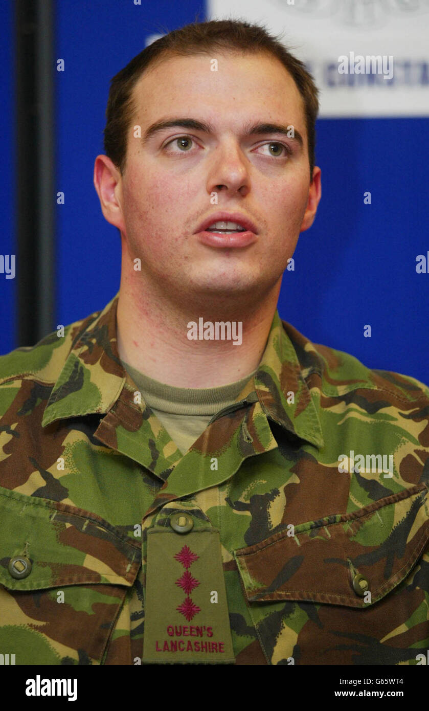 Capt Mark Moutarde of the 1st Battalion Queen's Lancashire Regiment at a press conference in Salisbur following the pickaxe attack on Lance Corporal Konrad Bisping during exercises on Salisbury Plain. Stock Photo