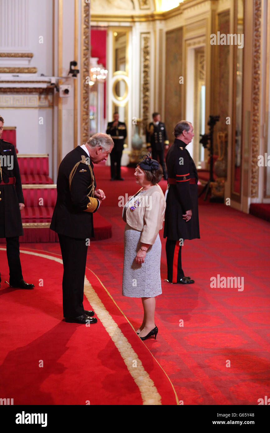 Mrs Margaret Haines from Reading is made a Member of the Royal Victorian  Order by the Prince of Wales at Buckingham Palace. PRESS ASSOCIATION Photo.  Picture date: Friday June 7, 2013. Photo