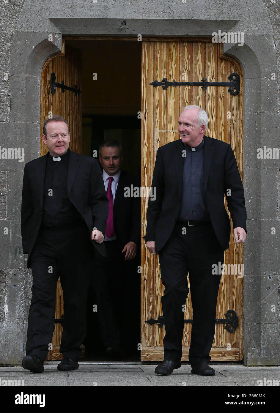 L-R Archbishop Eamon Martin and Bishop Brendan Leahy speak to the media during a break in the Irish Bishop's Conference at NUI Maynooth. Stock Photo