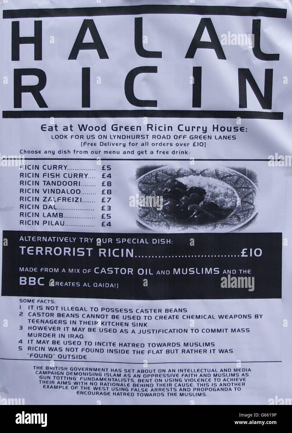 A banner belonging to protestors demonstrating against the Metropolitan Police's raid on Finsbury Park Mosque in north London. Anti-terrorist detectives were today continuing to question seven men arrested in a raid by more than 100 officers on a London mosque. * Scotland Yard discovered a stun gun, an imitation weapon which fires blanks and a CS gas canister during a search of the North London Central Mosque inFinsbury Park, with large numbers of passports, identity cards and credit cards also found. Stock Photo