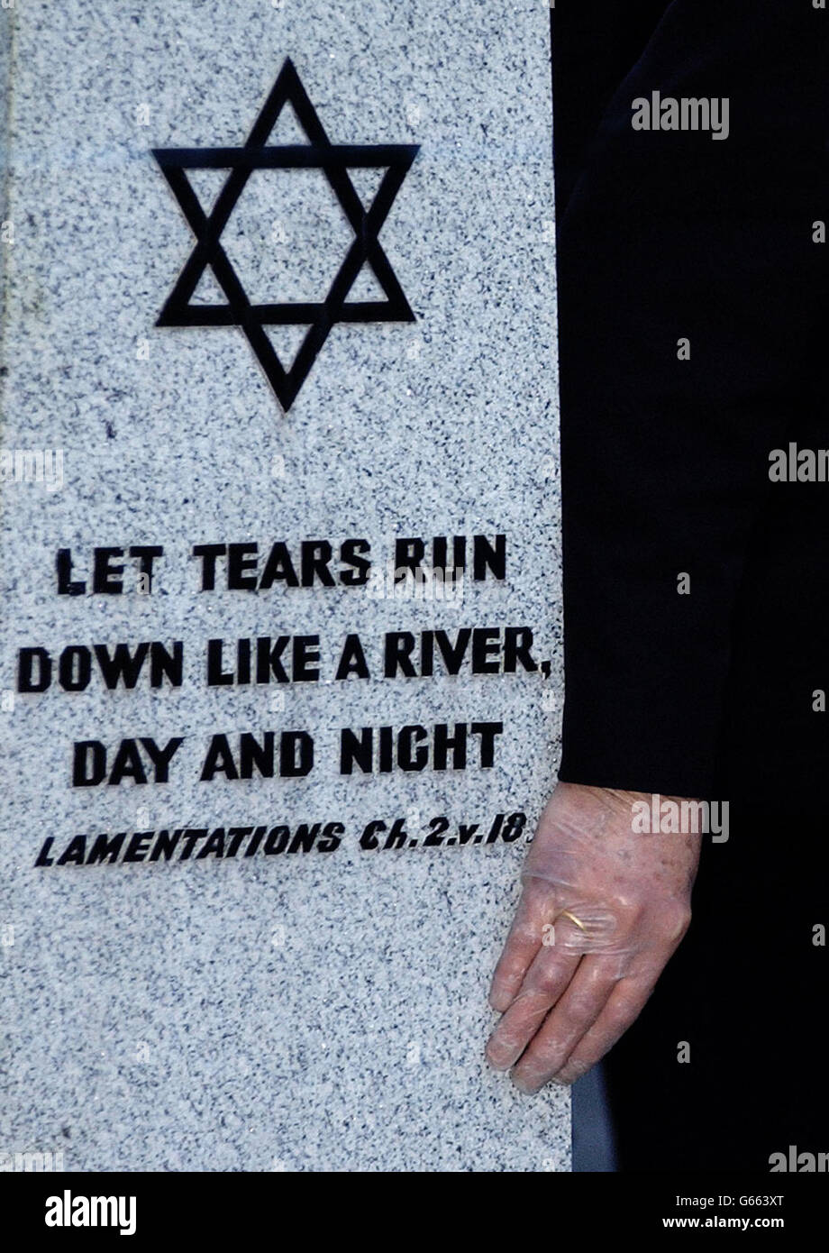 A memorial stone at the third National Holocaust Memorial Day service takes place at the United Synagogue Cemetery in Bushey, Hertfordshire, where the tomb containing remains of six people who died in Belsen concentration camp was consecrated. Stock Photo