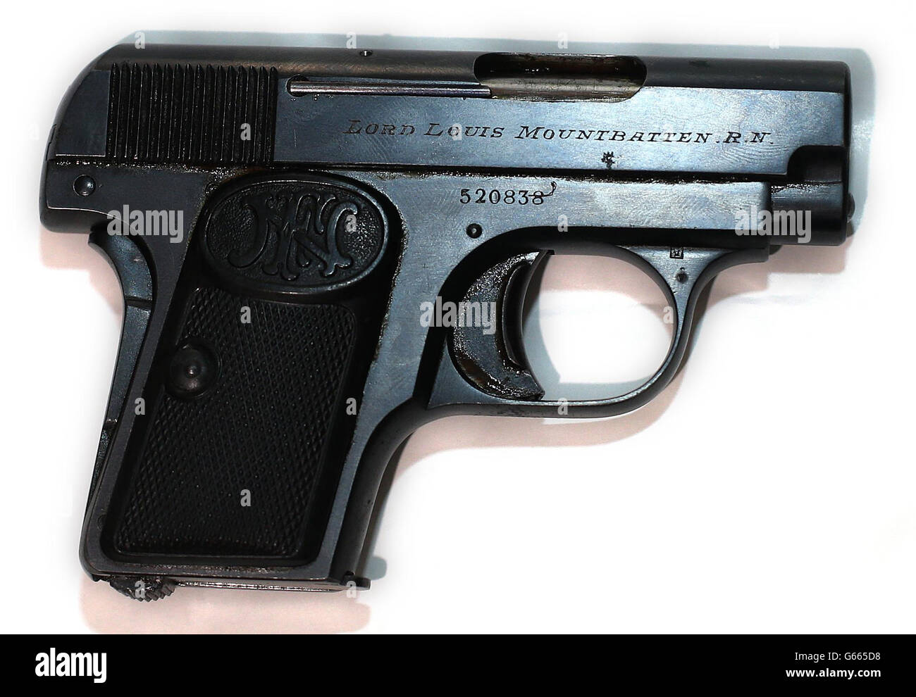 A personally-engraved pistol that belonged to Lord Mountbatten which Irish police are handing back to his family at a ceremony at the Ambassadors residence in Dublin. Stock Photo