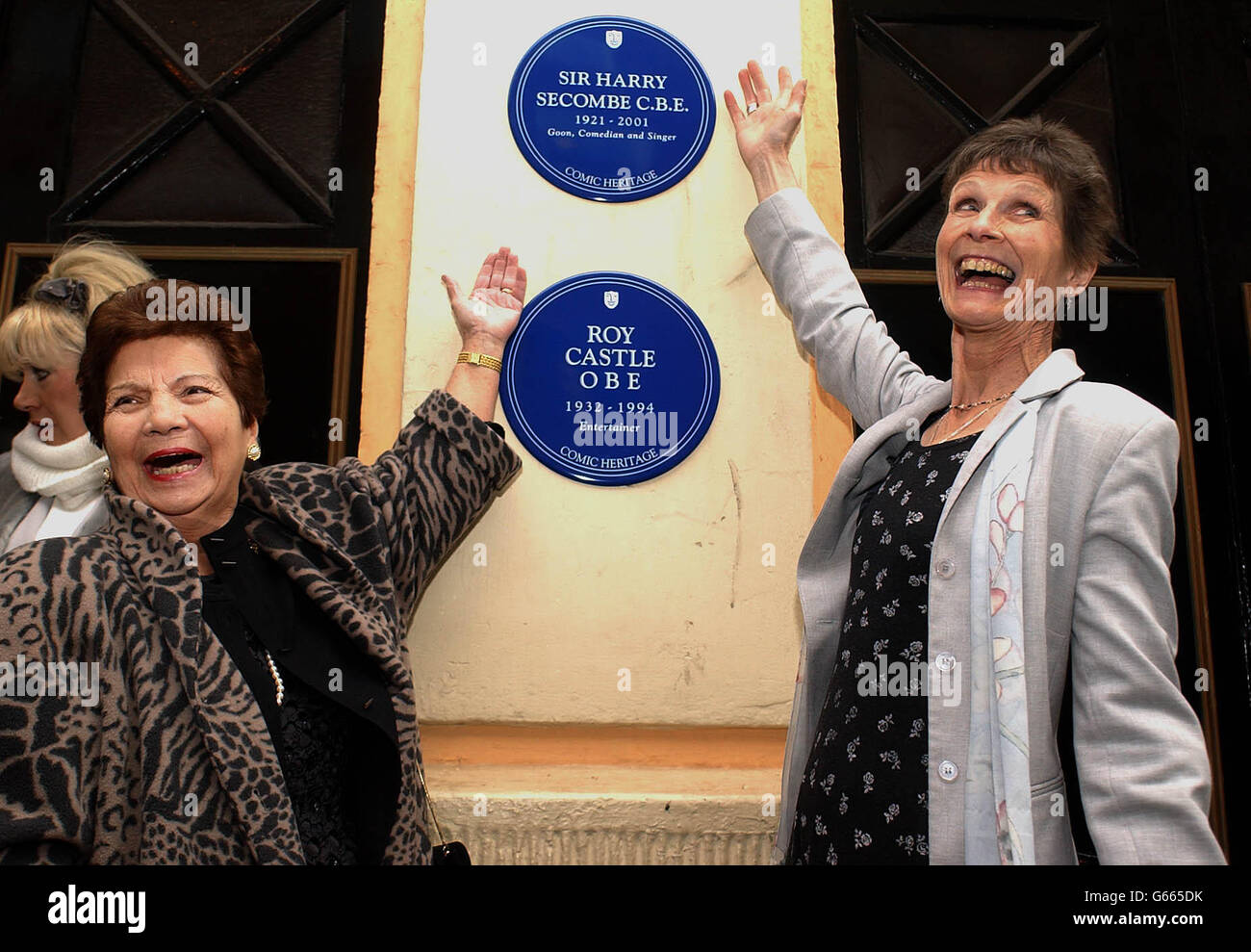 Fiona Castle (right) and Lady Myra Secombe, the widows of entertainers of Roy Castle and Sir Harry Secombe unveil Comic Heritage Blue Plaques to their husbands at the Opera House in Manchester. Stock Photo