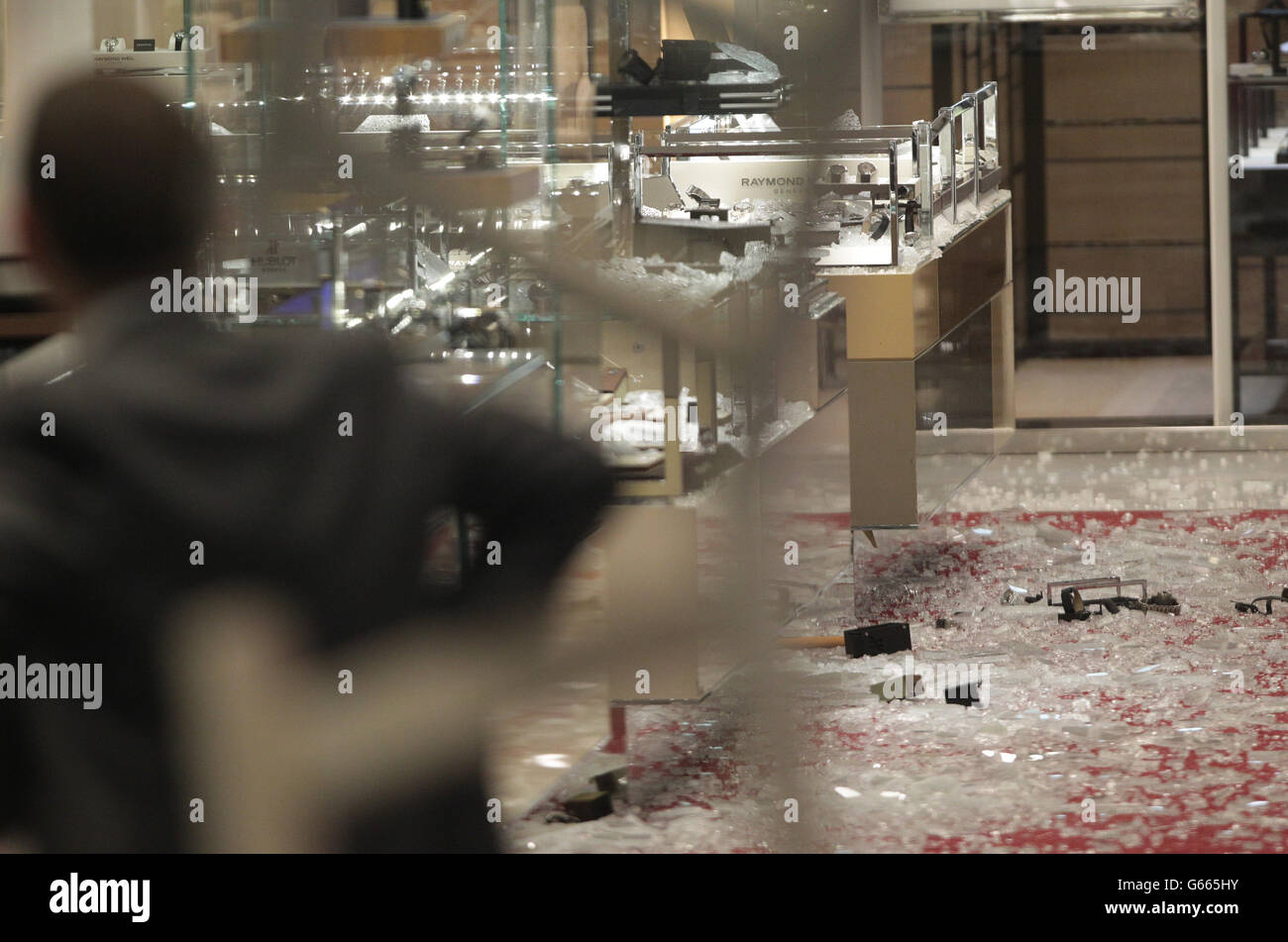 The scene of a smash and grab robbery in Selfridges, Oxford Street, London. Stock Photo