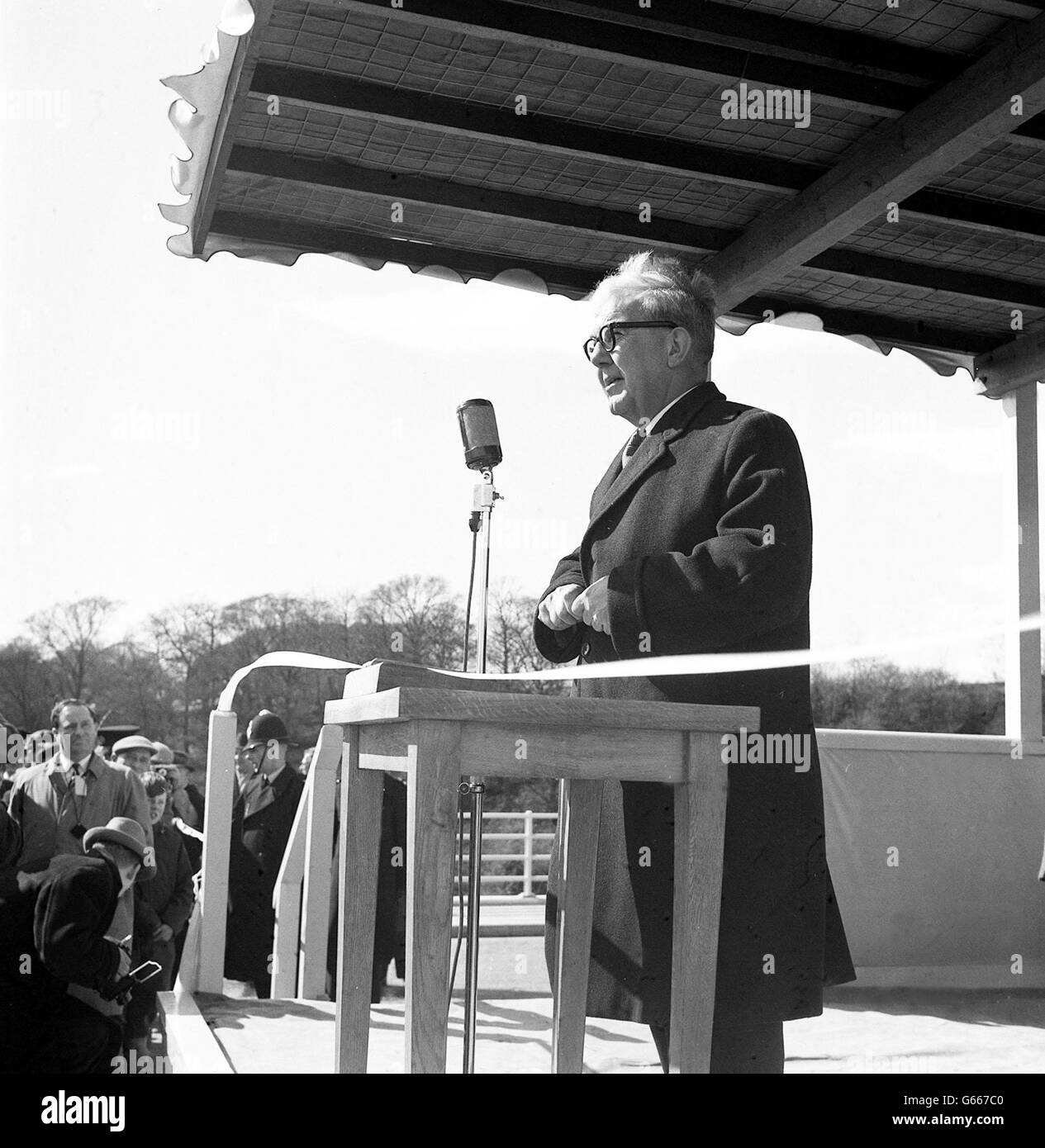 Dr Charles Hill, Chancellor of the Duchy of Lancaster, as he opened the M6 Lancaster by-pass. The Lancaster motorway, as it is known, is 11 1/2 miles long and together with Preston motorway, opened in 1958, will eventually form part of the M6 motorway from Birmingham to Penrith. Stock Photo