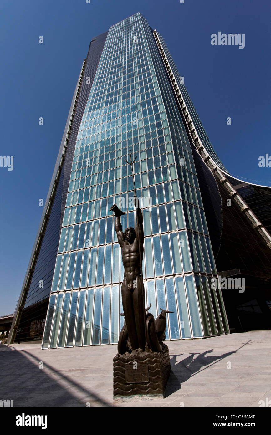 Sculpture in front of the CMA CGM Tower, a 147m tall skyscraper, designed by Zaha Hadid in 2004, in Euroméditerranée, the Stock Photo