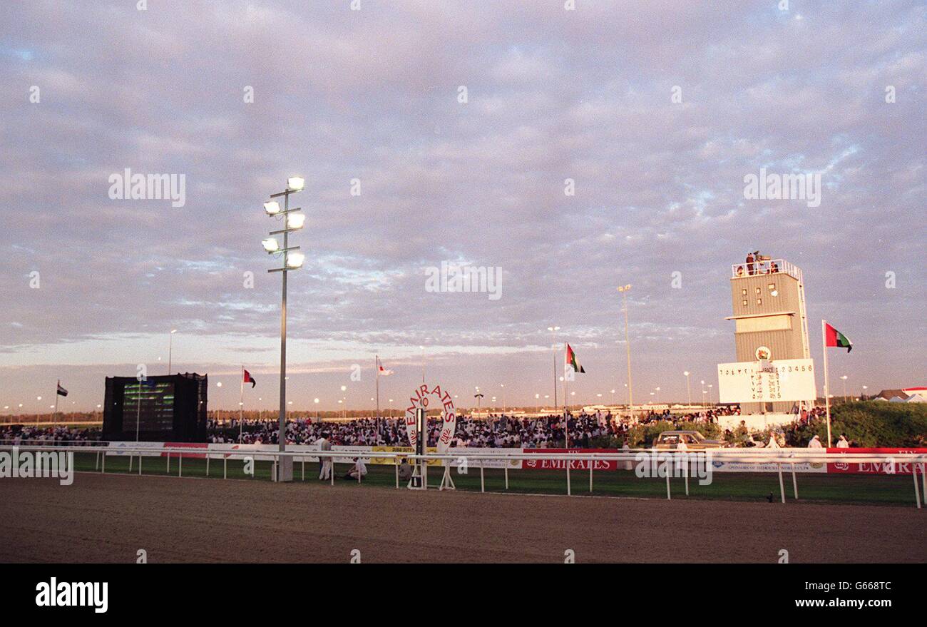 HORSE RACING - The Dubai World Cup at Nad al Sheba 1996. The floodlit finishing straight Stock Photo