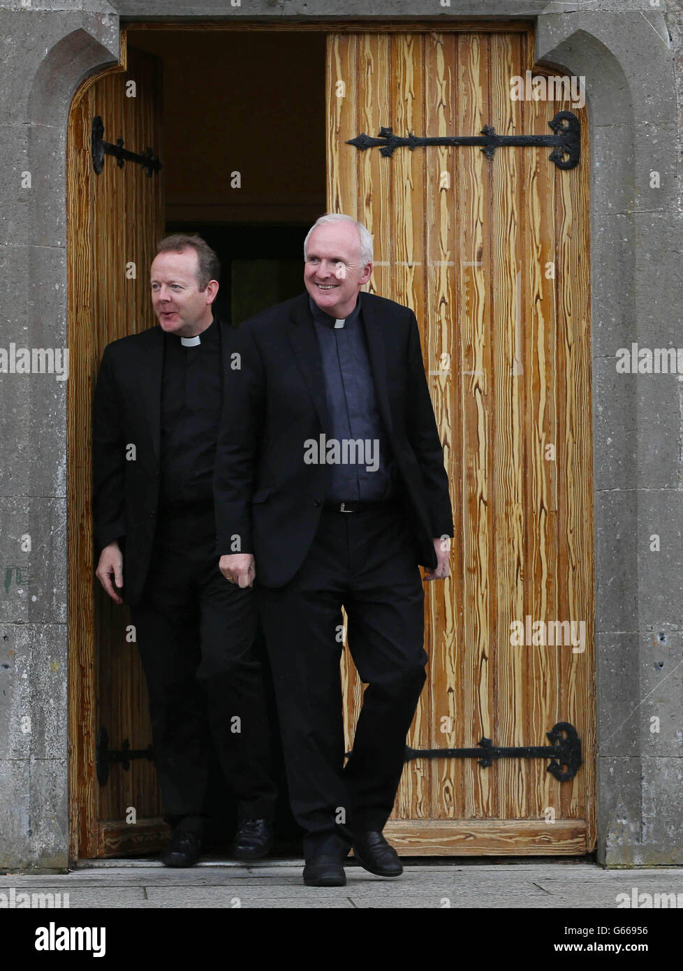 L-R Archbishop Eamon Martin and Bishop Brendan Leahy speak to the media during a break in the Irish Bishop's Conference at NUI Maynooth. Stock Photo