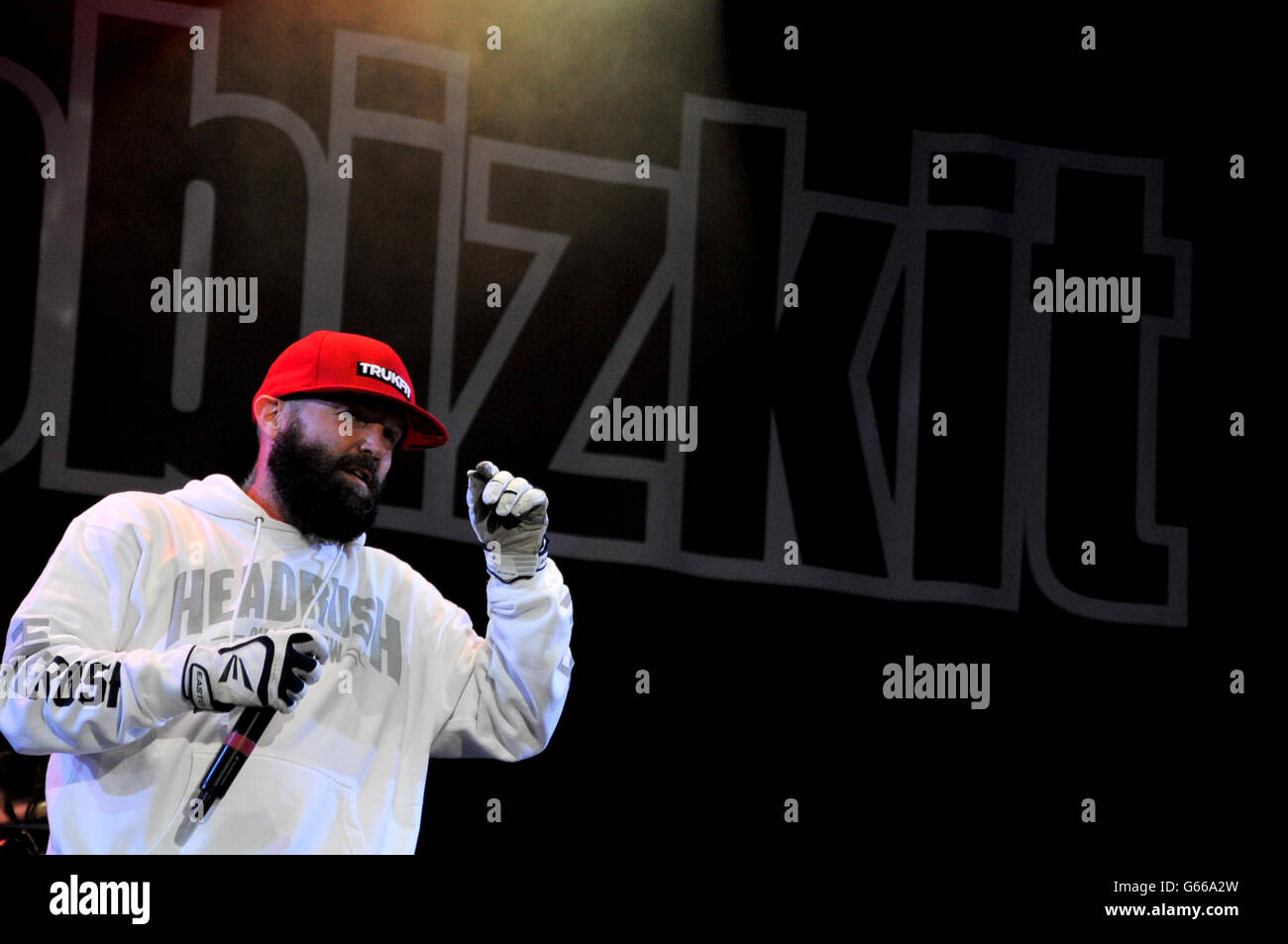 Fred Durst of Limp Bizkit performs during the Download Festival at Castle Donington. Stock Photo