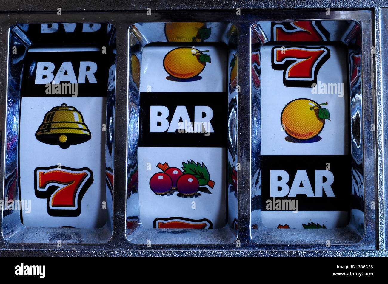 Close up of three seven Jackpot on slot machine Stock Photo