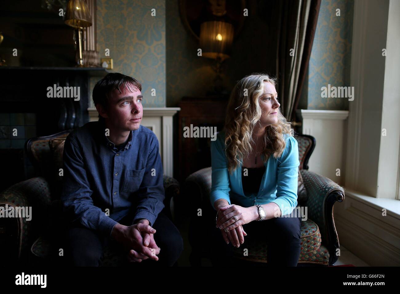 Sarah McGuinness and James Burke of Terminations for Medical Reasons (TFMR) in Buswells Hotel, Dublin, after the press conference that outlined the details of an amendment to The Protection of Life During Pregnancy Bill 2013. Stock Photo