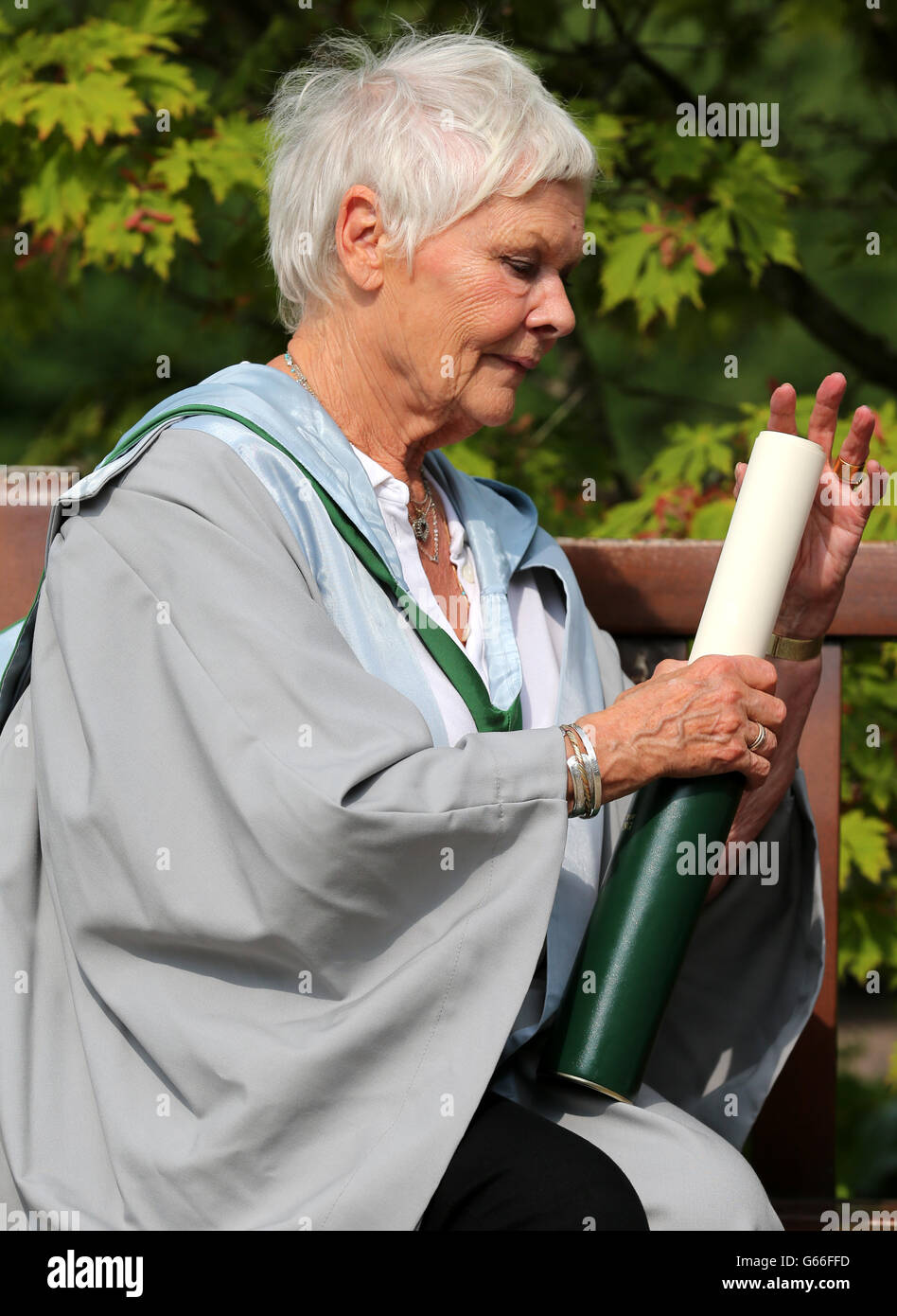 Dame Judi Dench in the Iris Murdoch Dementia Service Development Centre at Stirling University after receiving a doctorate for her contribution to film. Stock Photo