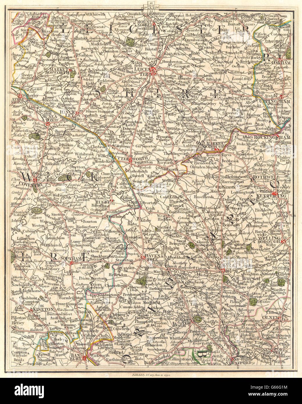 CARY 1794 map Leicester Coventry Northampton Leamington Spa Rugby MIDLANDS 