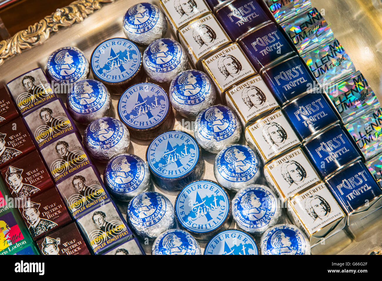 Mozartkugeln and more chocolate on display in the window shop of the historical Furst pastry shop in Salzburg, Austria Stock Photo