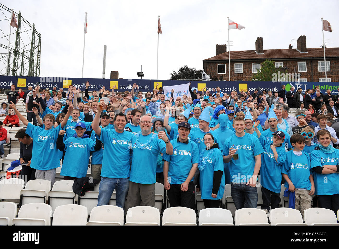 Spectators wearing shirts in aid of Cricket United before the game between England and New Zealand Stock Photo