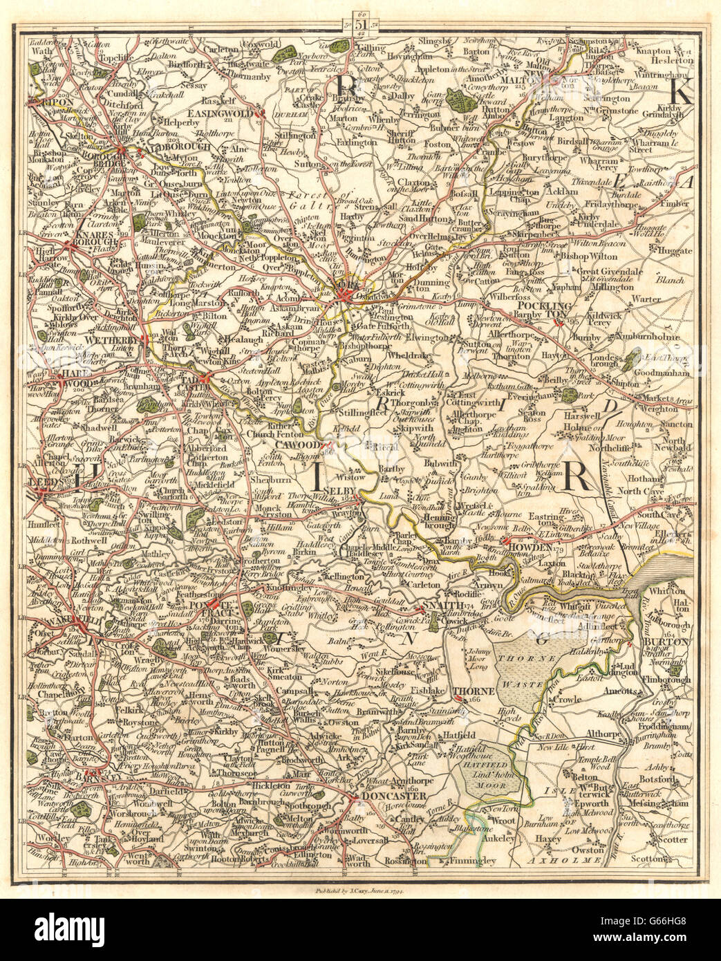 YORKSHIRE: Leeds York Harrogate Barnsley Doncaster Pontefract. CARY, 1794 map Stock Photo