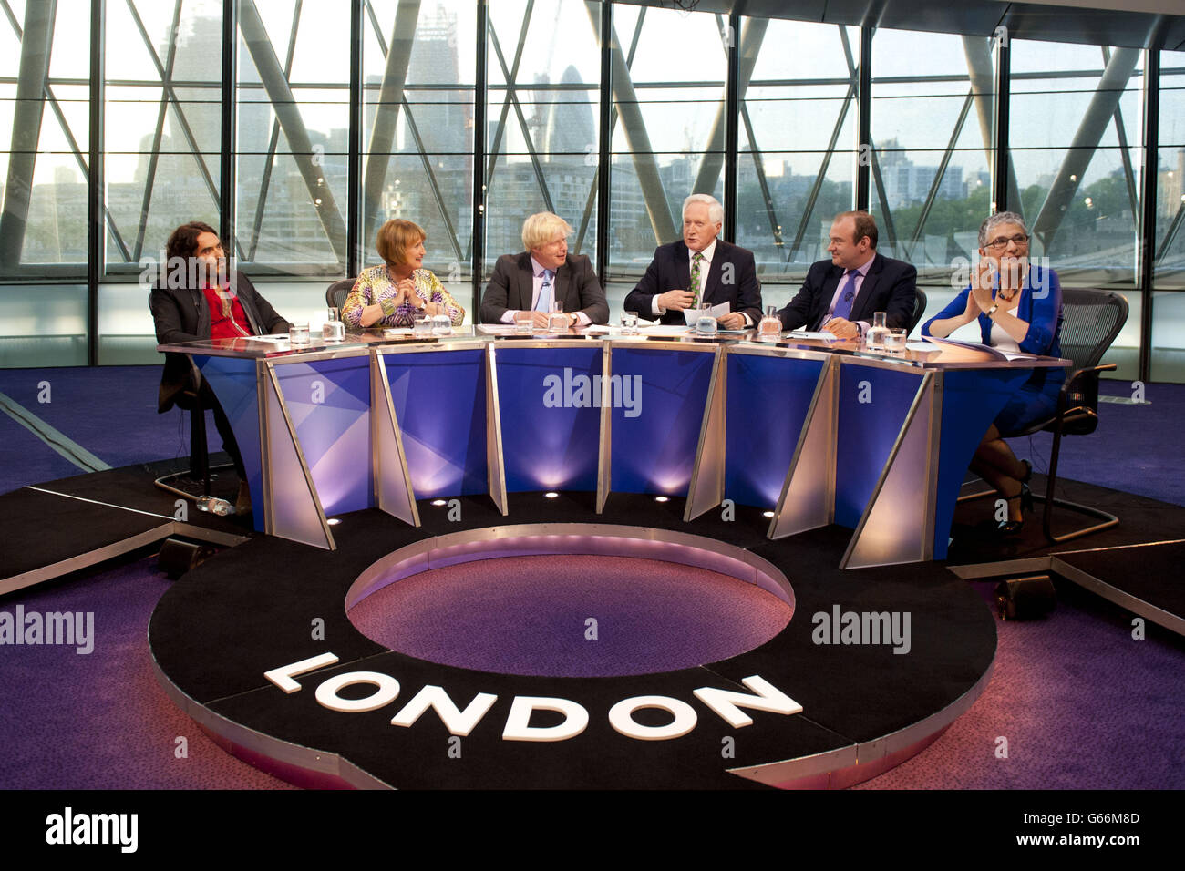 (left to right) The panel, Russell Brand, Labour MP Tessa Jowell, Mayor of London Boris Johnson, host David Dimbleby, Energy and Climate Change Secretary Ed Davey and writer Melanie Phillips, during the filming of Question Time, at City Hall in London. Stock Photo