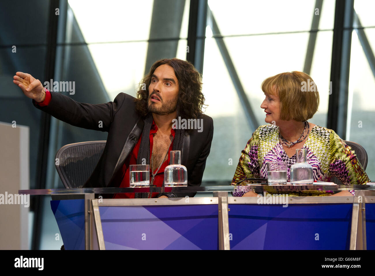 (left to right) Russell Brand and Labour MP Tessa Jowell, during the filming of Question Time, at City Hall in London. Stock Photo
